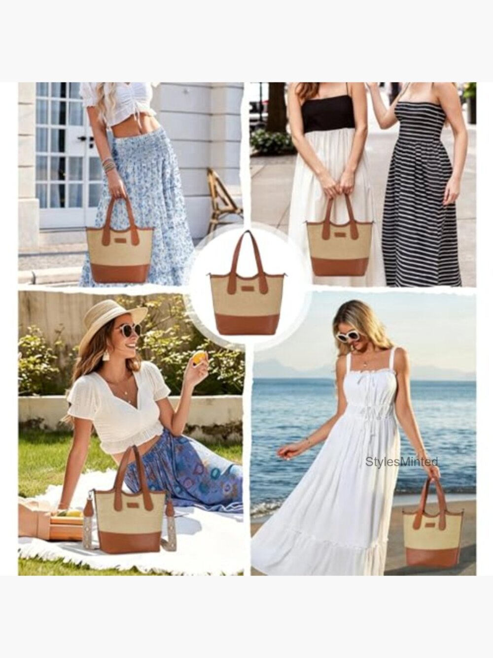 Straw & Vegan Leather Bucket Tote Bag Crossbody Top Handle Purse - Picture 6 of 7
